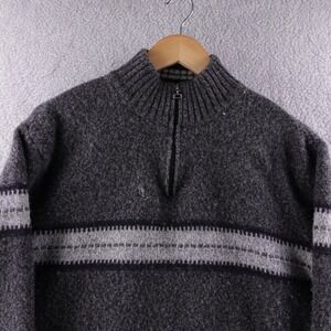 Vintage Iceland Mens L Gray Wool Blend Fair Isle Stripe Quarter Zip Sweater‎